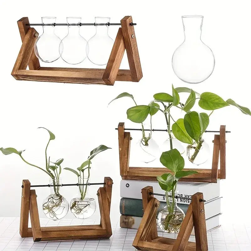 Wooden triangular stand holding clear glass vases with plants in decorbites™ glass planter propagation station