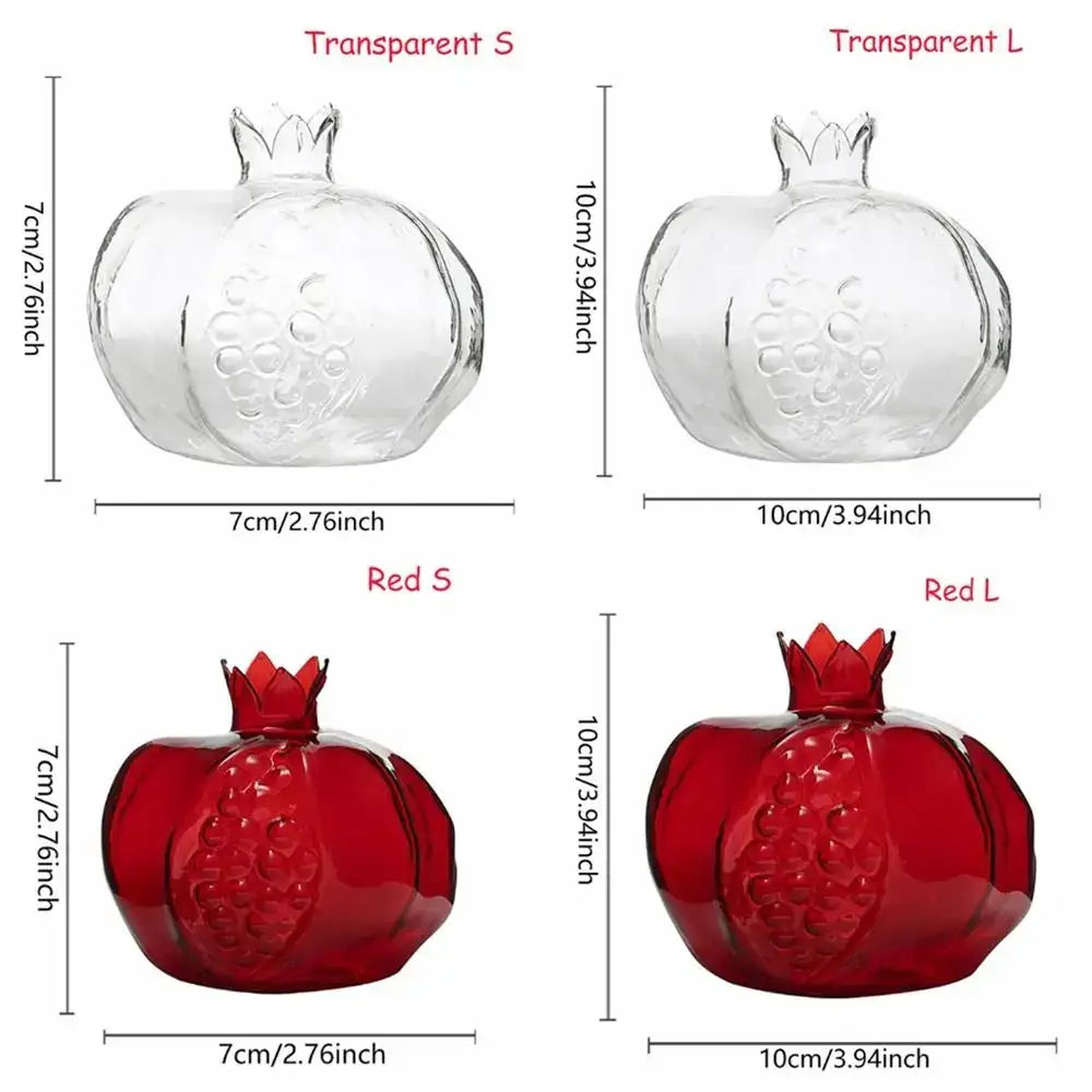 DecorBites™ glass pomegranate flower vases in clear and red glass available in small and large sizes for home decor