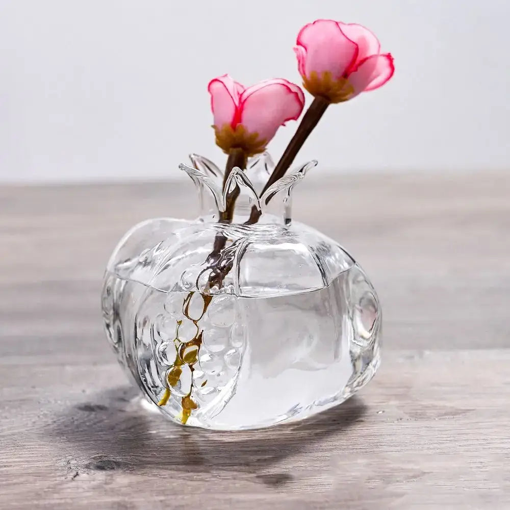DecorBites glass pomegranate flower vase home decor with clear textured glass and two pink artificial flowers