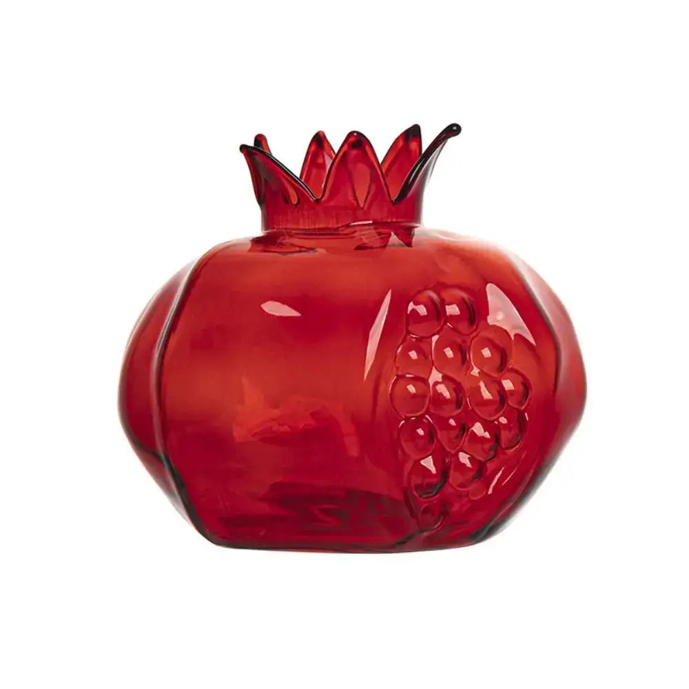 DecorBites™ vibrant red pomegranate glass vase with embossed seed detail and crown top for elegant home decor