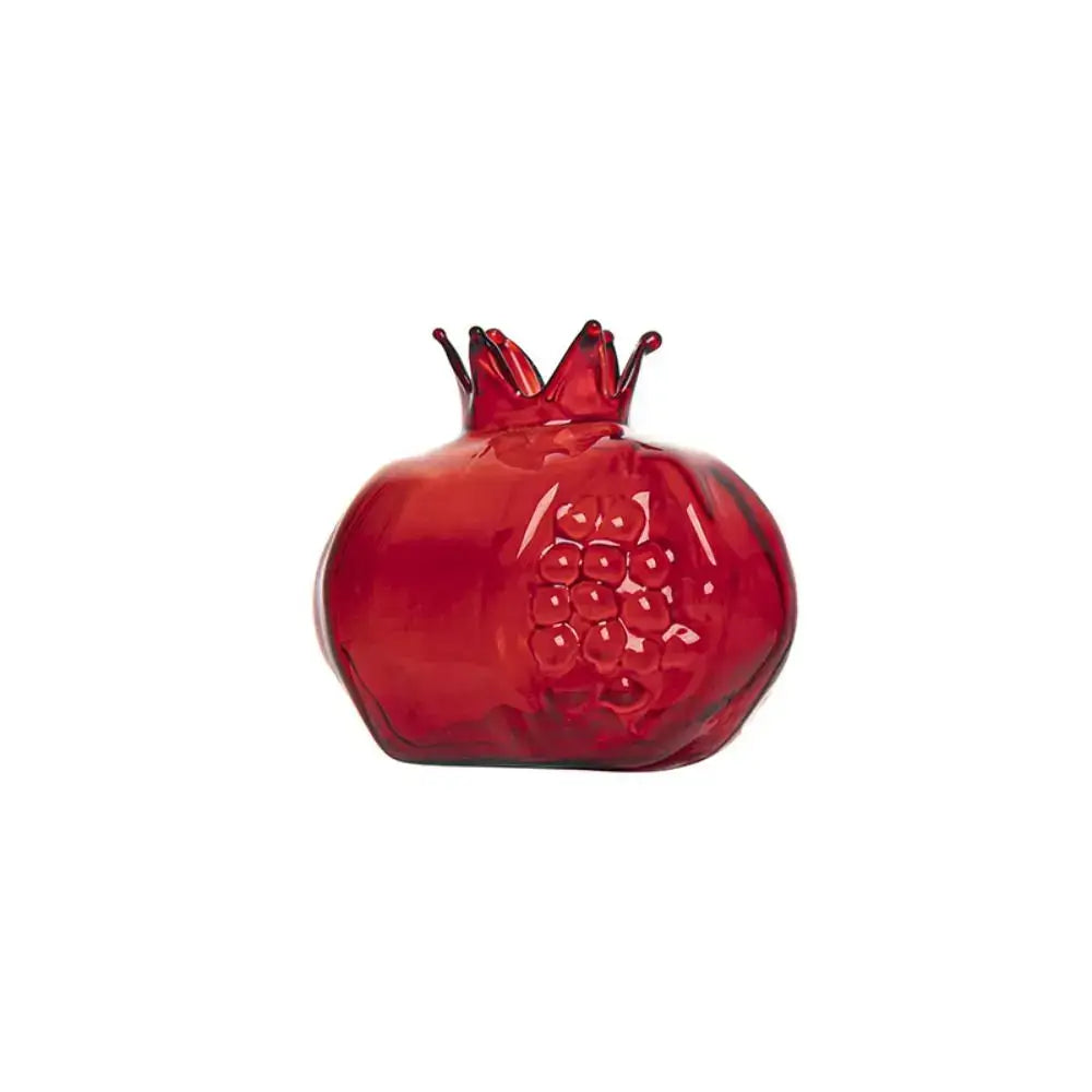 Vibrant red glass pomegranate glass vase with glossy finish and detailed crown top for elegant home decor