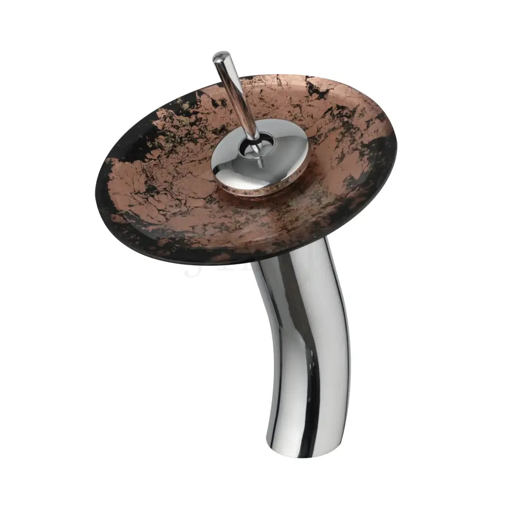 A decorbites glass rocker handle basin faucet with a copper and black marbled glass basin and polished chrome waterfall mixer tap