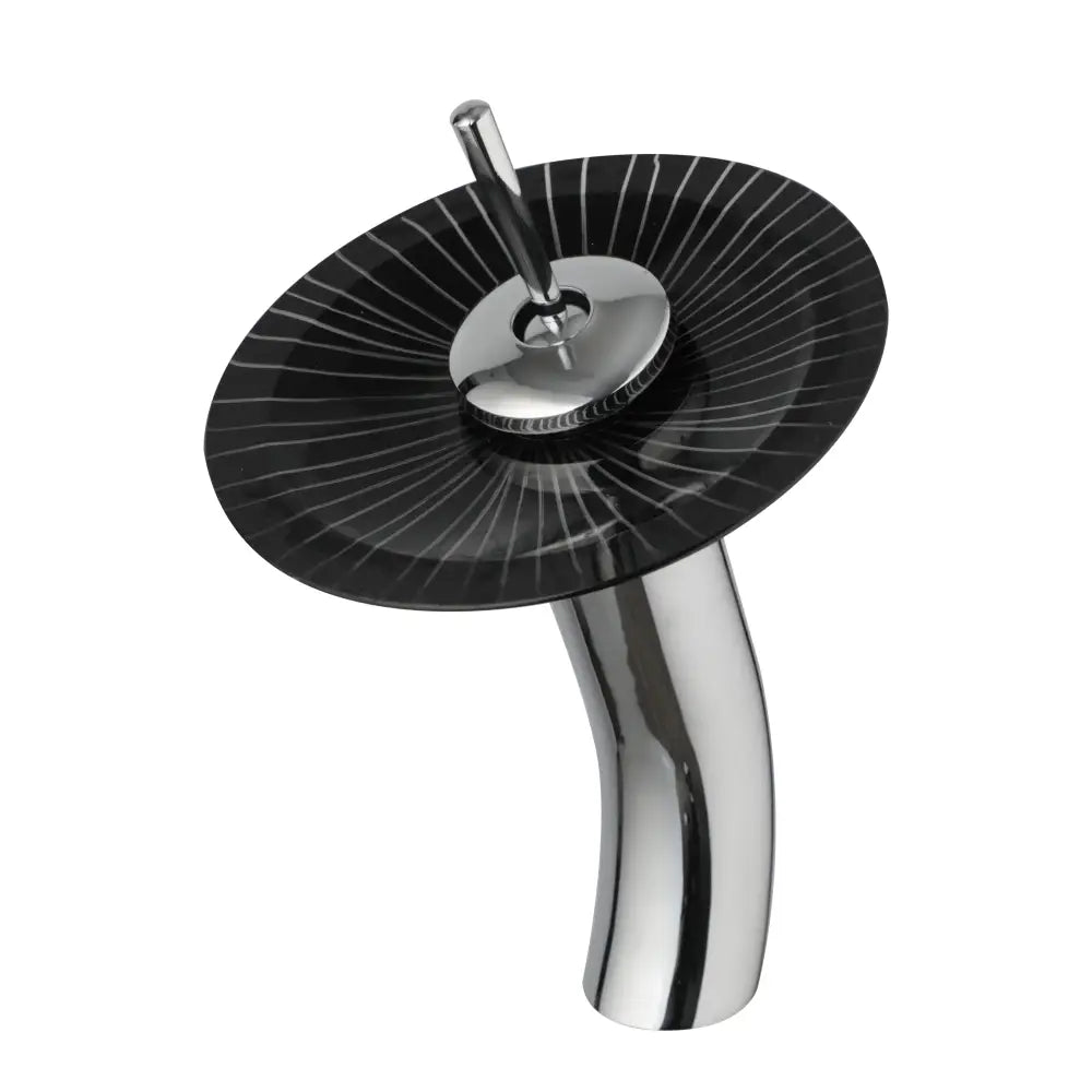 Decorbites™ chrome finished basin faucet with glass rocker handle and sleek curved waterfall spout over black glass bowl