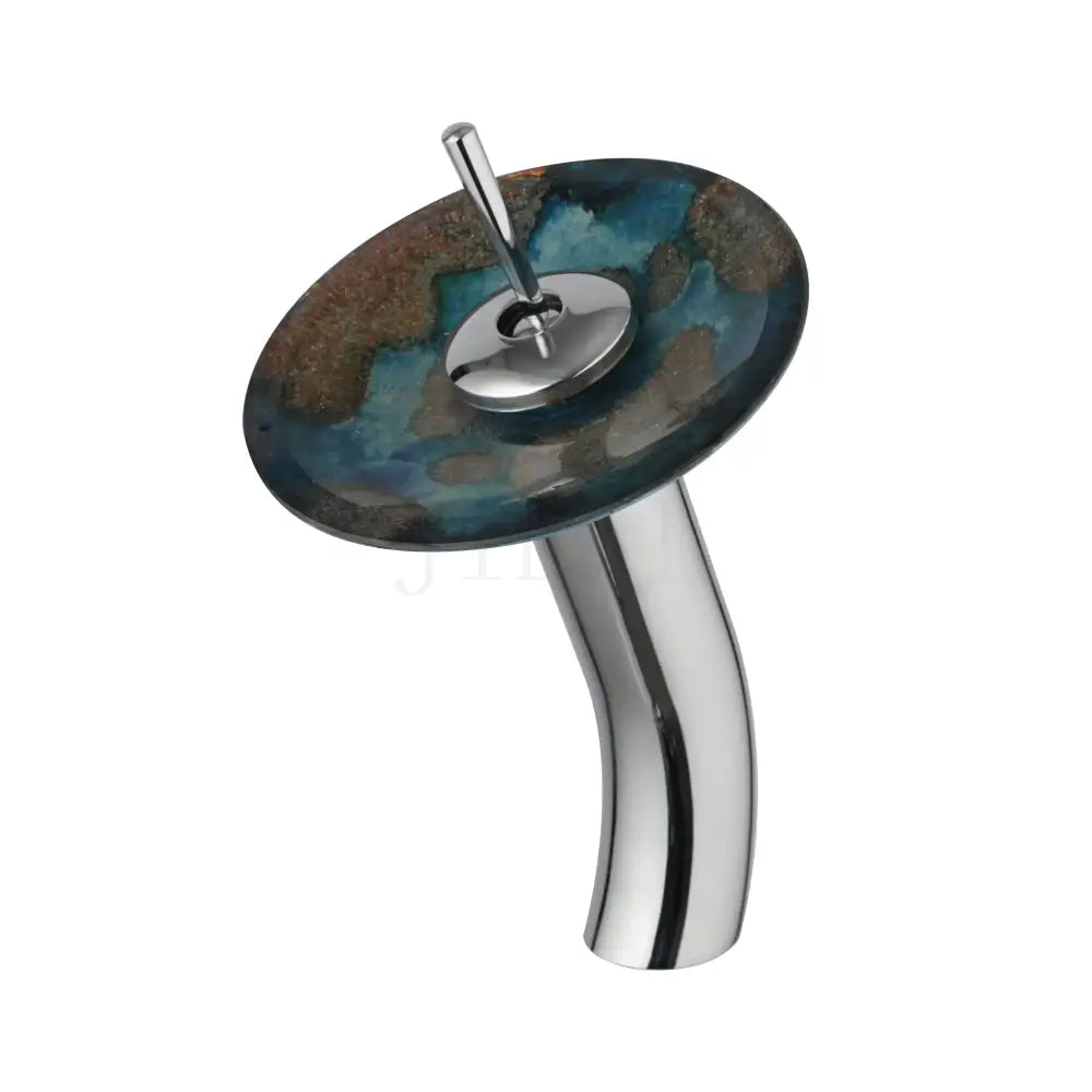 Decorbites™ chrome basin faucet with glass rocker handle and oval glass basin featuring blue and brown mineral patterns