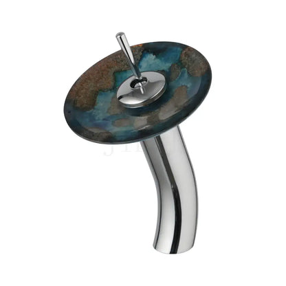 Decorbites™ chrome basin faucet with glass rocker handle and oval glass basin featuring blue and brown mineral patterns