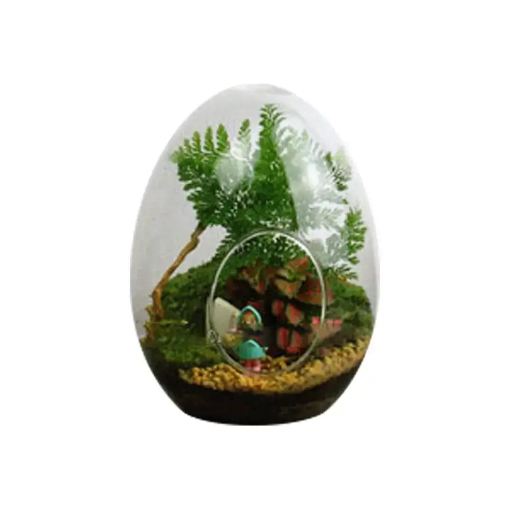 DecorBites™ high quality glass egg-shaped terrarium with miniature forest scene featuring green ferns and moss