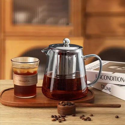 Decorbites glass tea jug set with clear glass teapot, stainless steel lid handle, and internal mesh infuser
