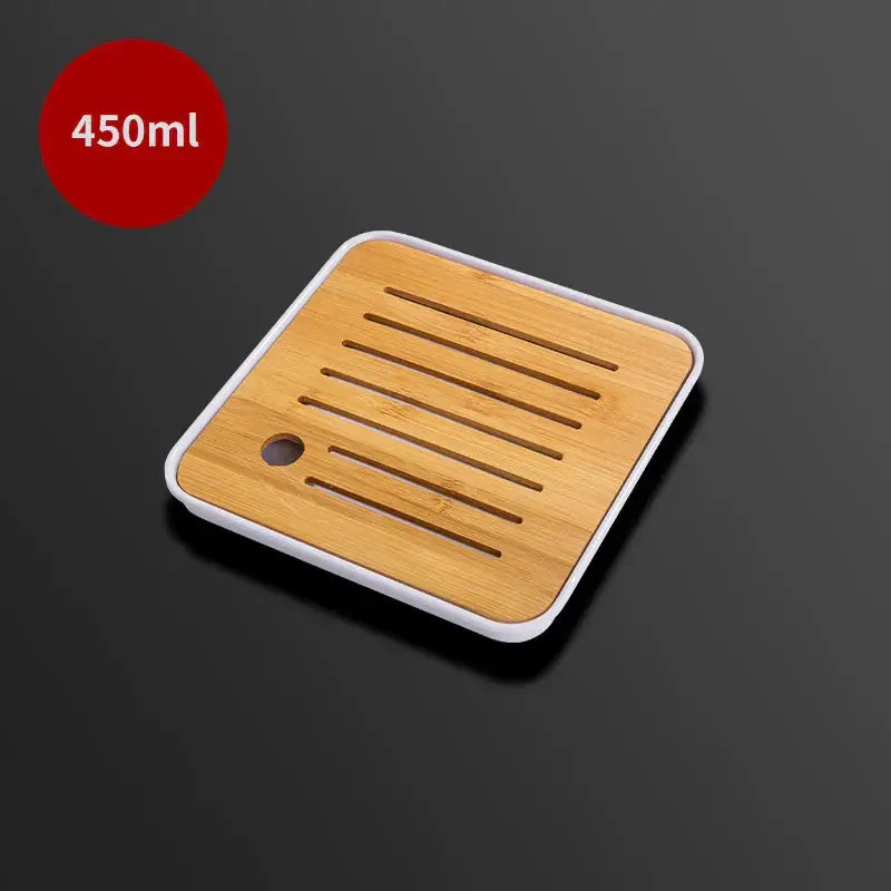 Square bamboo tea tray with white plastic border and corner hole for decorbites™ glass tea jug and water kettle set