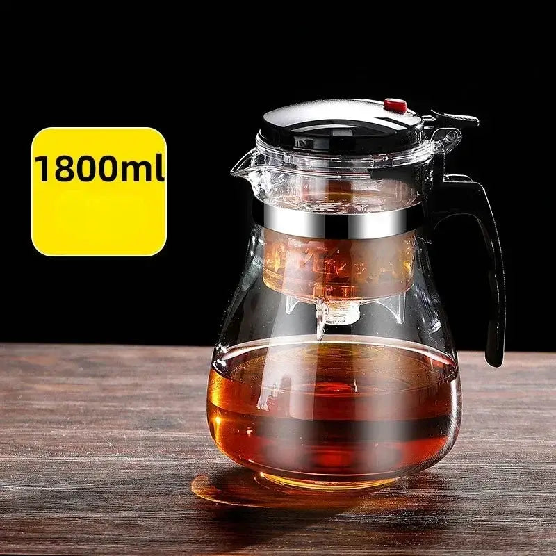 Decorbites glass tea kettle with infuser features clear glass, black handle and lid, stainless steel rim for brewing tea