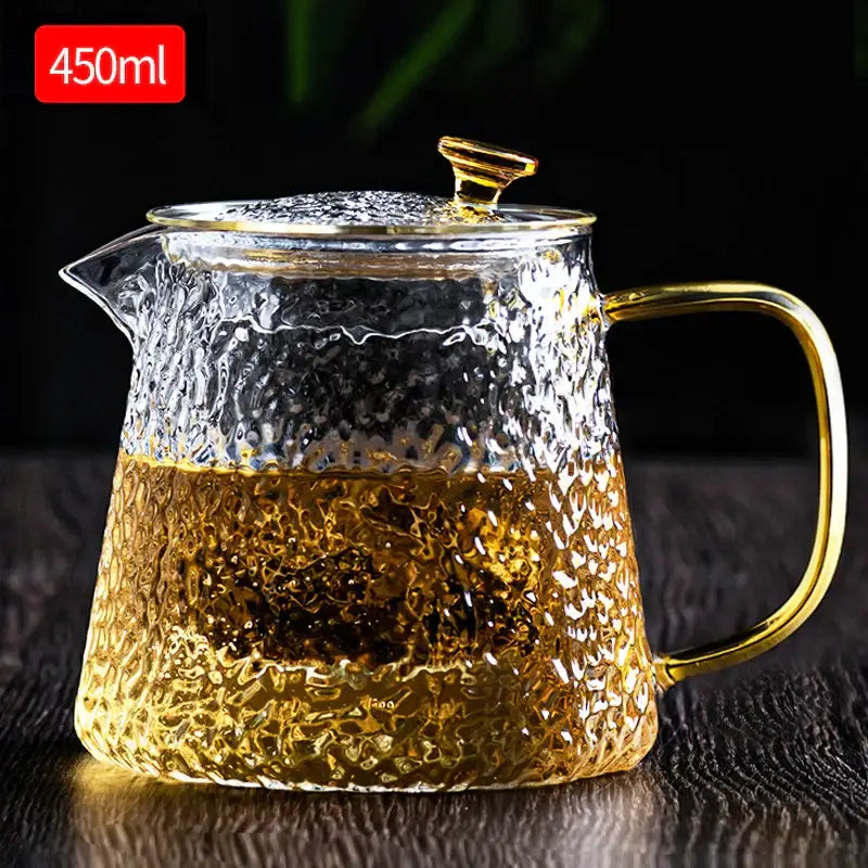 DecorBites™ 450ml clear glass tea pot set with hammered texture and gold-toned metal handle for Kung Fu tea brewing