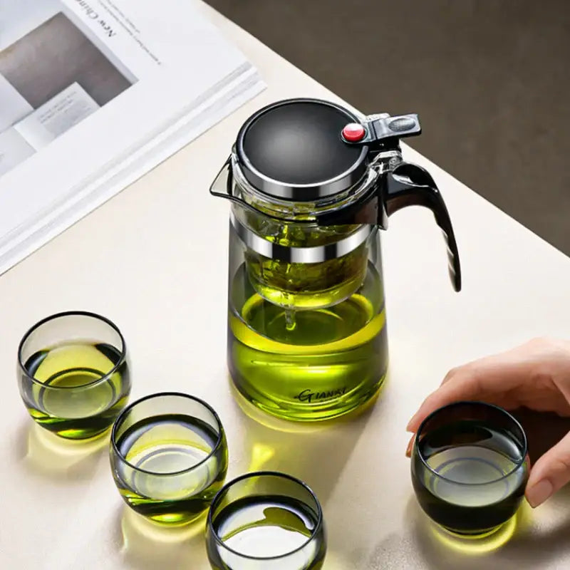 Clear glass tea pot with black lid handle and stainless steel band by decorbites glass tea for infusing tea