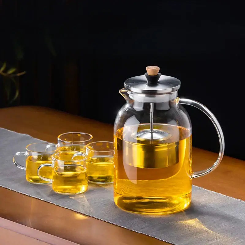 Decorbites glass tea pot with stainless steel lid handle built-in infuser and wooden knob for herbal tea brewing