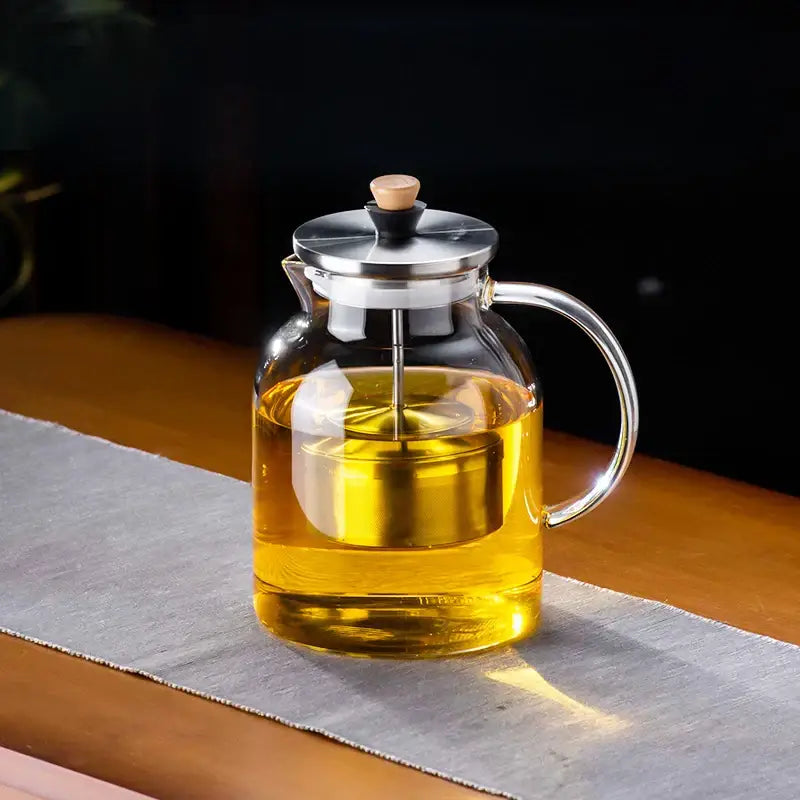 Clear glass decorbites glass tea pot with stainless steel lid wooden knob and built-in metal infuser for herbal tea