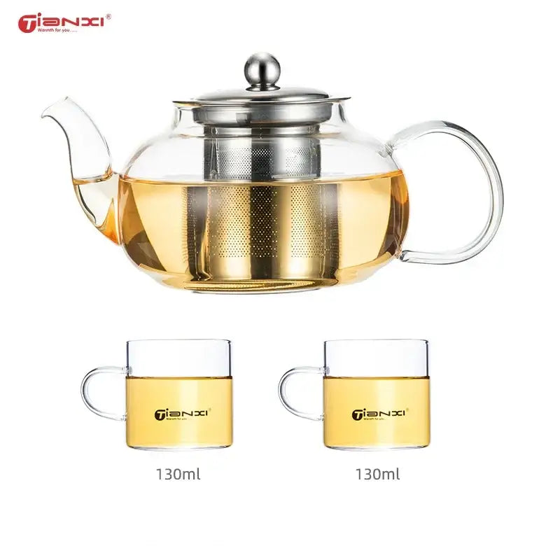 Clear glass tea pot with stainless steel lid and built-in filter with two matching 130ml clear glass cups by decorbites