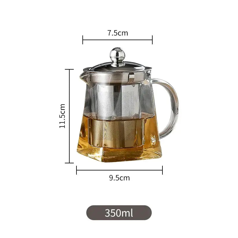 Clear glass tea pot with stainless steel mesh infuser, lid, and handle from the DecorBites glass tea collection