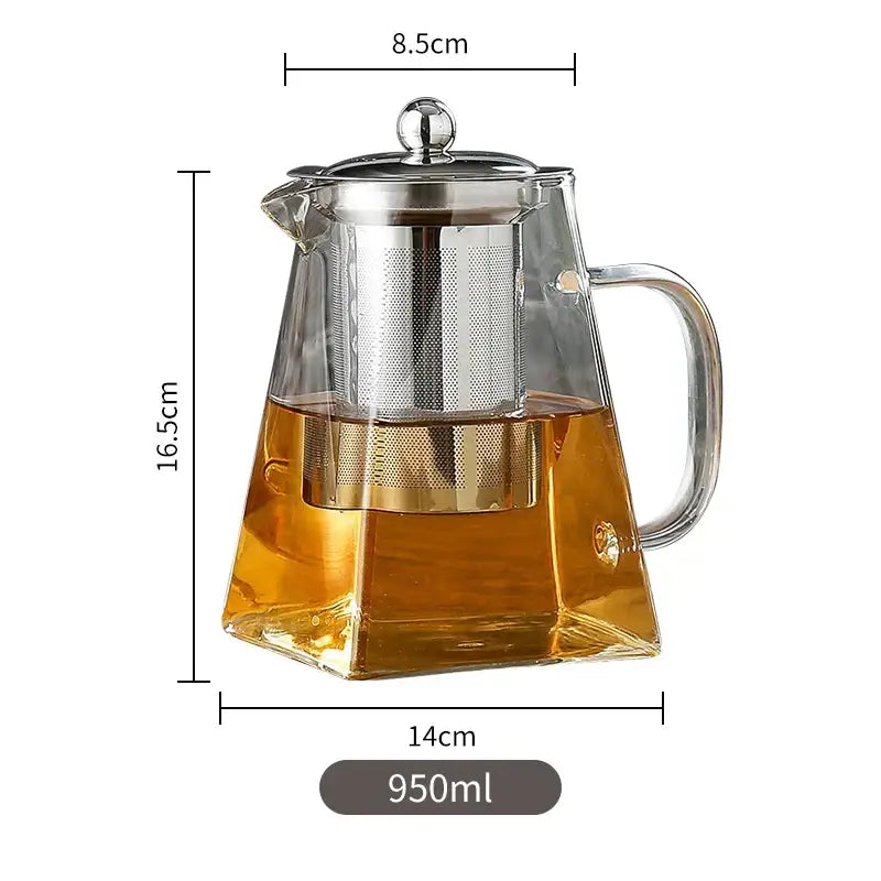 Clear glass decorbites glass tea pot with stainless steel lid handle and built-in infuser 950 ml capacity