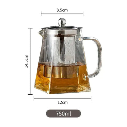 DecorBites glass tea pot with clear glass body stainless steel lid handle and built-in infuser 750ml capacity