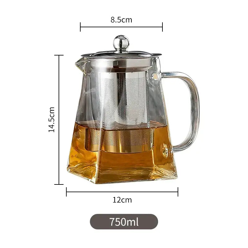 DecorBites glass tea pot with clear glass body stainless steel lid handle and built-in infuser 750ml capacity