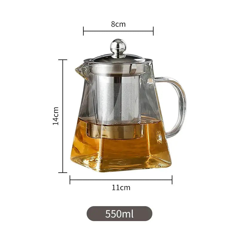 Clear glass DecorBites glass tea pot with stainless steel lid handle and built-in infuser 550ml capacity
