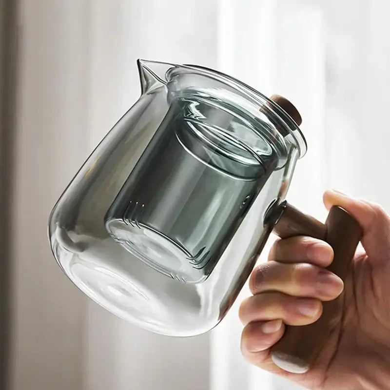 Clear glass tea pot with wooden handle and built-in filter from DecorBites glass tea set, heat resistant design