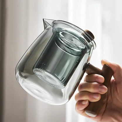 Clear glass tea pot with wooden handle and built-in filter from DecorBites glass tea set, heat resistant design
