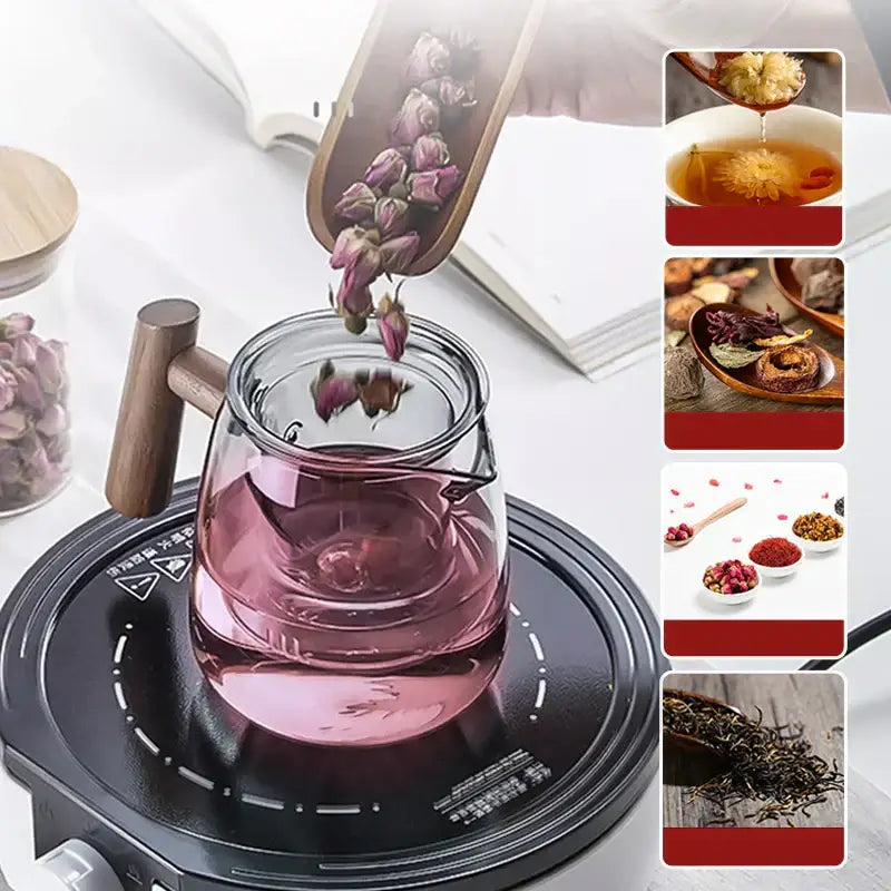 Clear glass tea pot with wooden handle filled with pink tea and rose buds pouring by decorbites glass tea pot