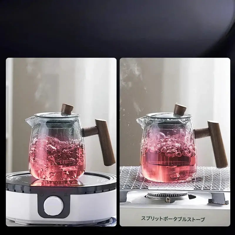Clear glass tea pot with wooden handle and lid boiling pink liquid on portable stoves decorbites glass tea set