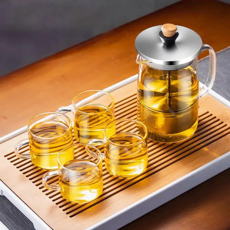 Decorbites glass tea set with clear glass teapot stainless steel lid wooden knob and four matching cups chinese kung fu style