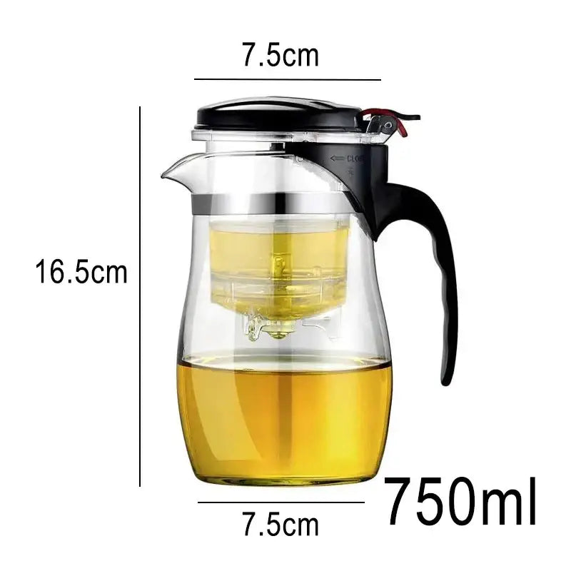 Clear glass tea pitcher with black lid and handle featuring stainless steel infuser from decorbites glass tea set