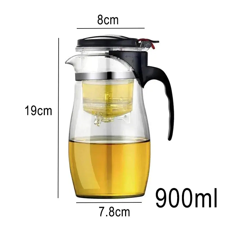 Clear glass decorbites glass tea pitcher with black handle lid and built-in stainless steel infuser 900ml capacity