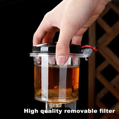 Clear plastic tea infuser with black lid and red lever featuring removable filter in decorbites glass tea set