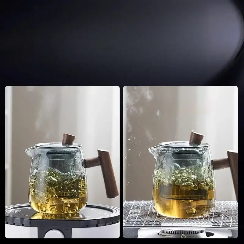 DecorBites™ glass tea set with solid wood handle and lid filled with steaming golden tea showcasing tea water separation technology
