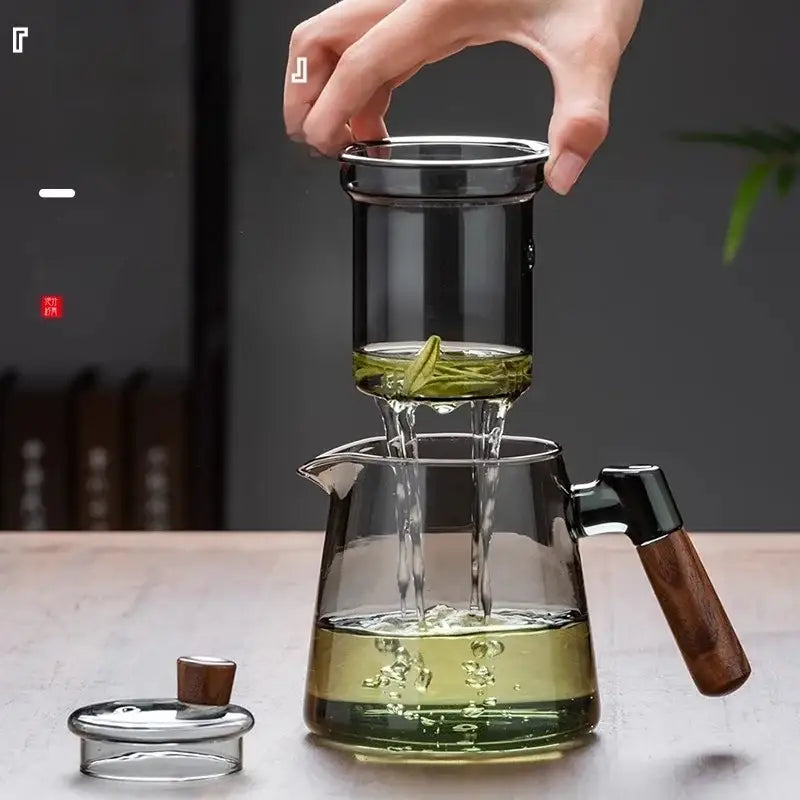 Decorbites™ glass tea set featuring clear teapot with wooden handle and strainer on retro glass tray