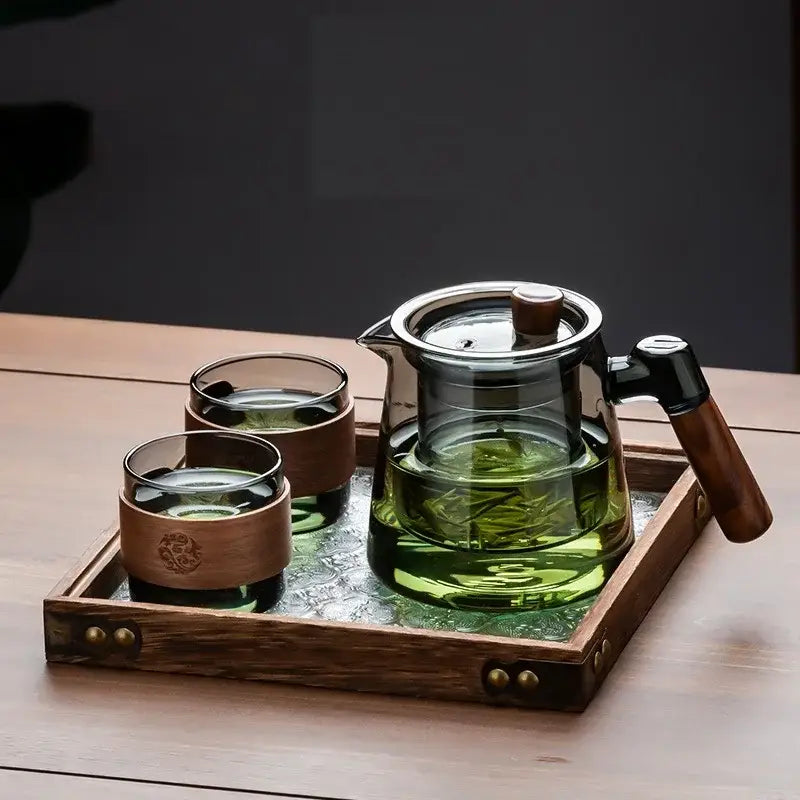 Decorbites™ glass tea set with clear glass teapot wooden handle and lid knob with two glasses on retro glass tray