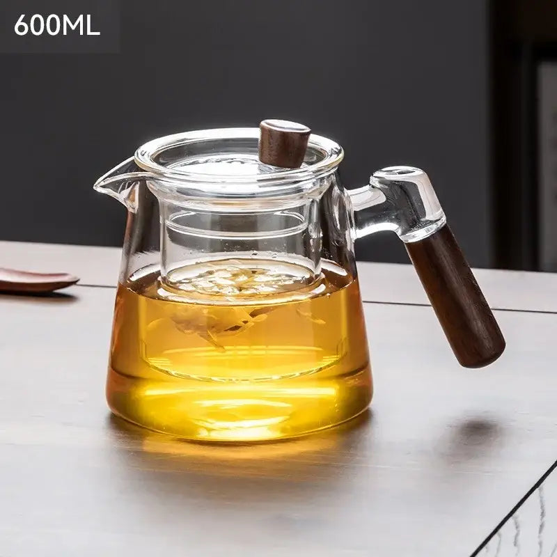DecorBites glass tea set featuring a clear teapot with wooden handle and retro glass tray for steeping tea leaves