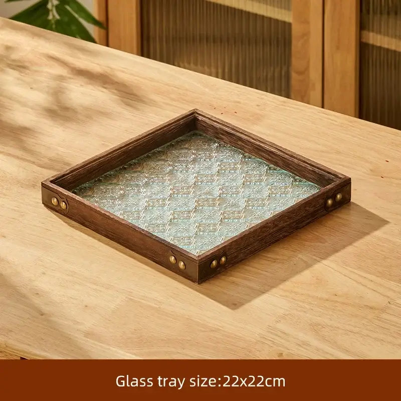 Square wooden-framed retro glass tray with light greenish-blue pattern and brass rivets for decorbites tea set with wooden handle