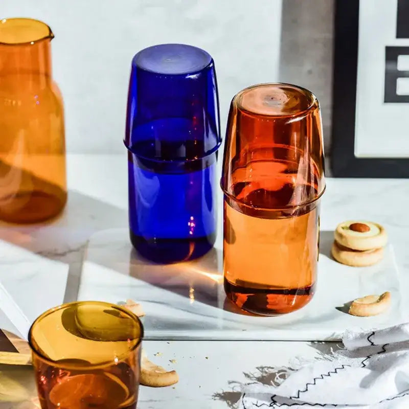 Vibrant amber and cobalt blue glass teacup set and pitcher combo heat-resistant drinkware by decorbites