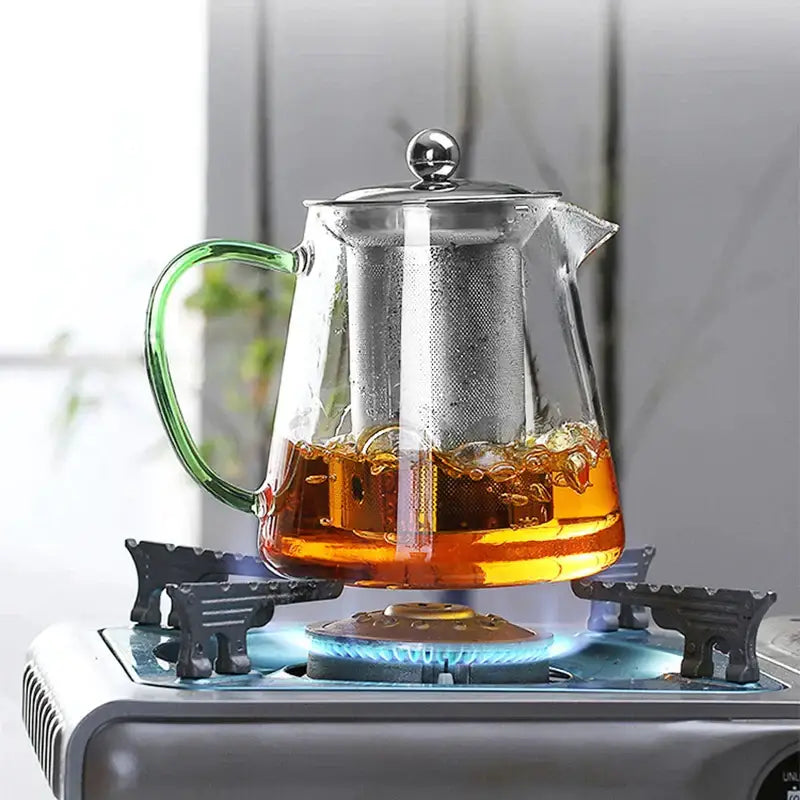 Clear glass decorbites glass teapot 550ml with green handle silver lid and internal metal infuser for puer tea brewing