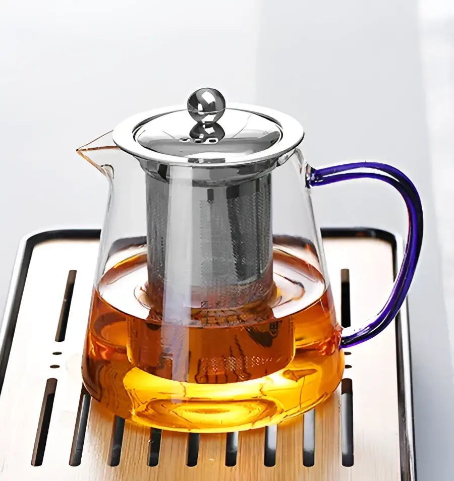 DecorBites glass teapot 550ml with stainless steel infuser and vibrant purple handle for brewing puer tea