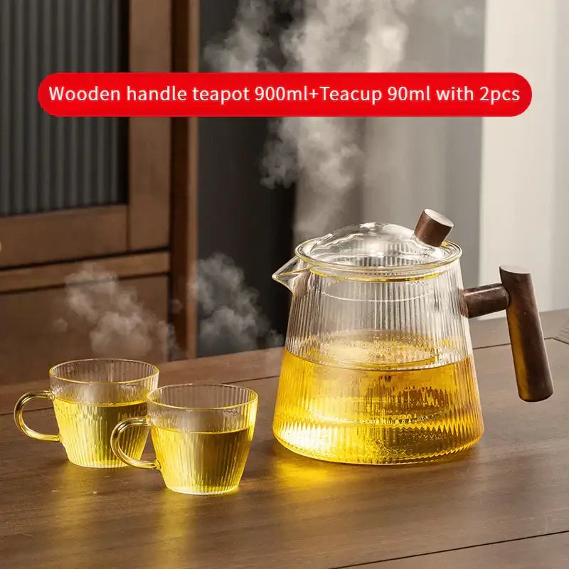 Decorbites glass teapot 900ml with wooden handle and lid in clear glass with two matching tea cups for puer kung fu tea
