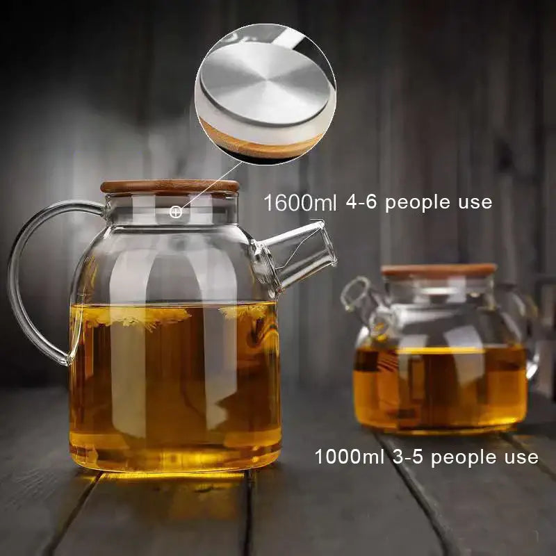 Clear glass teapot with wooden lid and stainless steel inner lid featuring handle and spout by decorbites glass teapot cold water jug