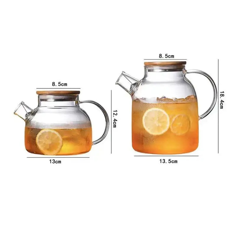 Clear glass teapot decorbites glass teapot cold with wooden lid stainless steel rim curved handle and spout 1000ml 1600ml