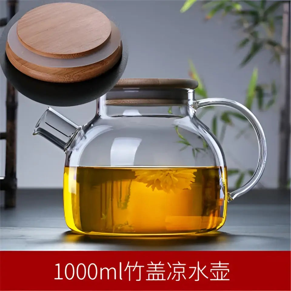 Decorbites glass teapot large capacity clear glass teapot cold with wooden lid and handle filled with golden tea