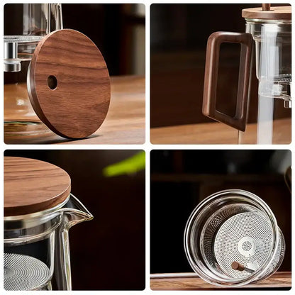 Decorbites glass teapot with rich brown wooden lid and handle featuring stainless steel mesh glass teapot filter kettle