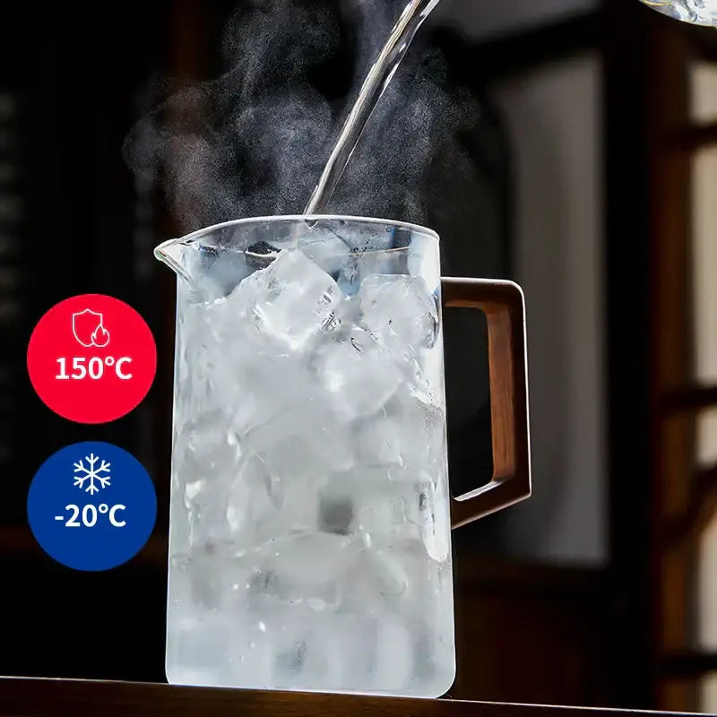 Clear glass decorbites glass teapot with wooden handle filled with ice and steam as hot water is poured in glass teapot filter