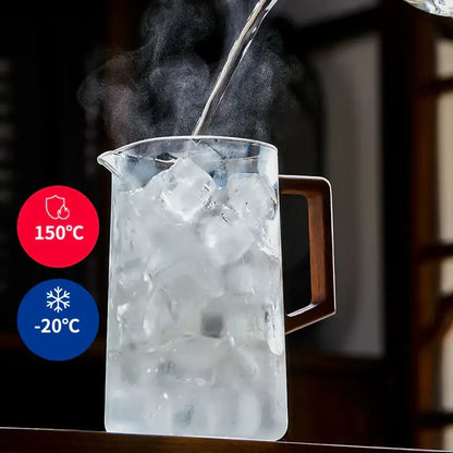 Clear glass decorbites glass teapot with wooden handle filled with ice and steam as hot water is poured in glass teapot filter