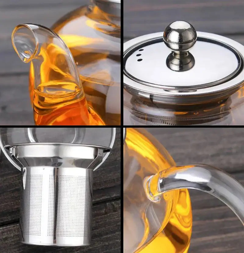 Clear glass decorbites glass teapot with stainless steel lid infuser curved spout and spherical knob tea set