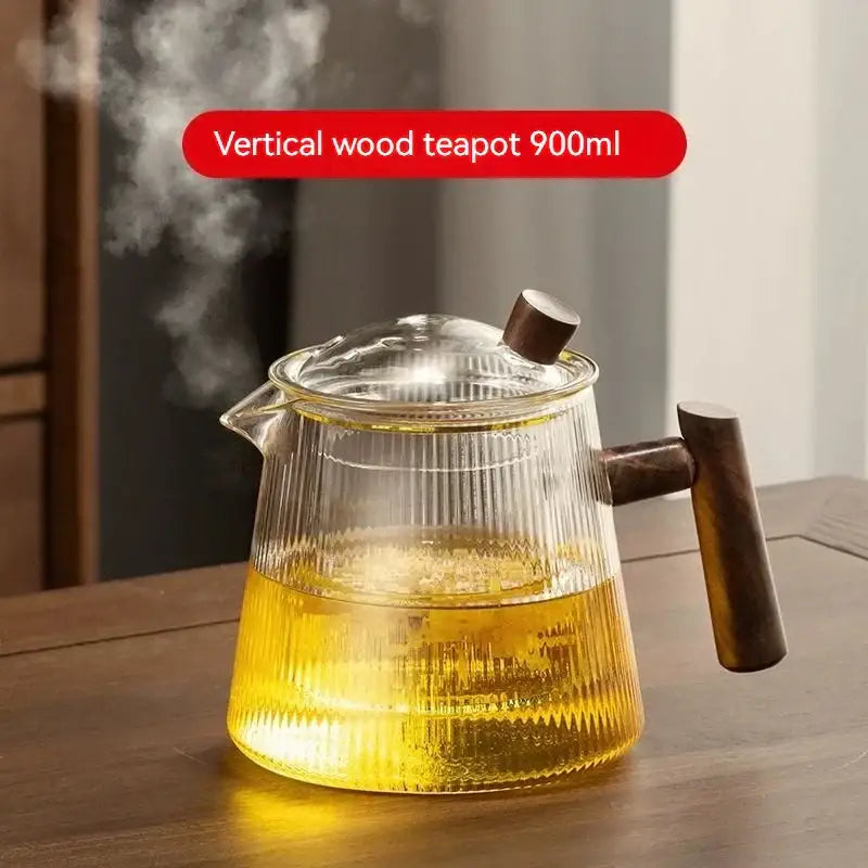 Vertical decorbites glass teapot with wooden handle and lid 900ml transparent high borosilicate material