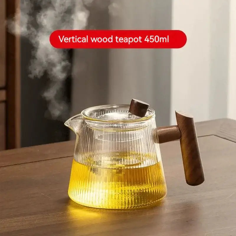 Vertical wood-handled decorbites glass teapot with ribbed design 450ml high borosilicate for home and restaurant use