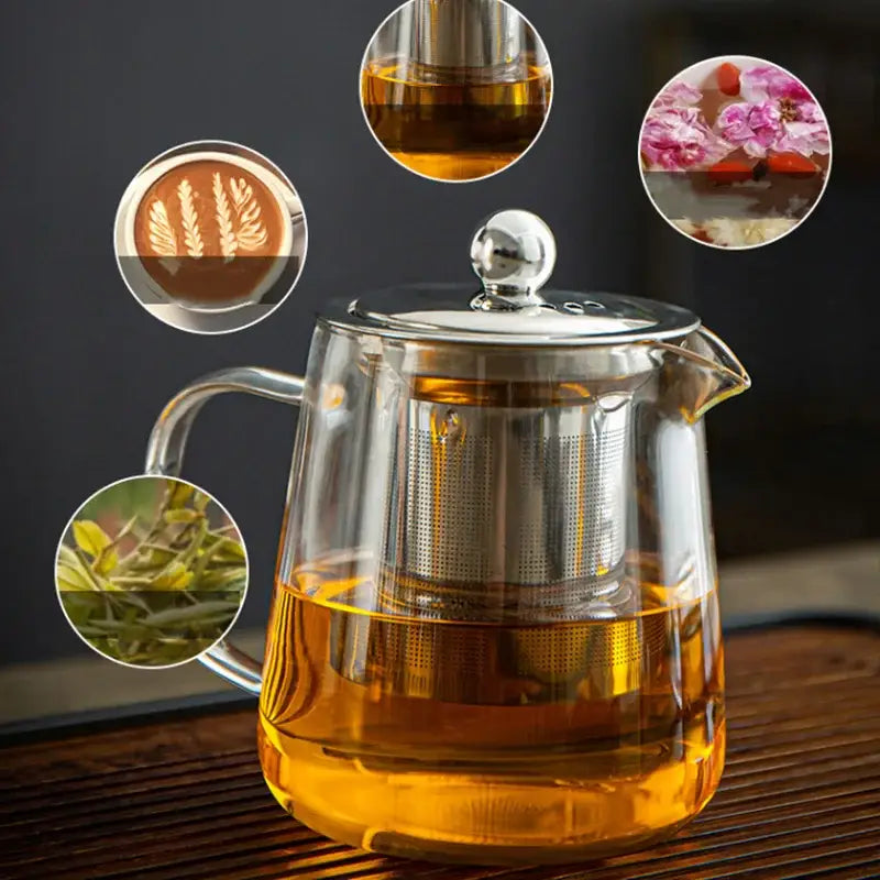 DecorBites glass teapot with stainless steel infuser and lid filled with golden tea for puer tea and coffee